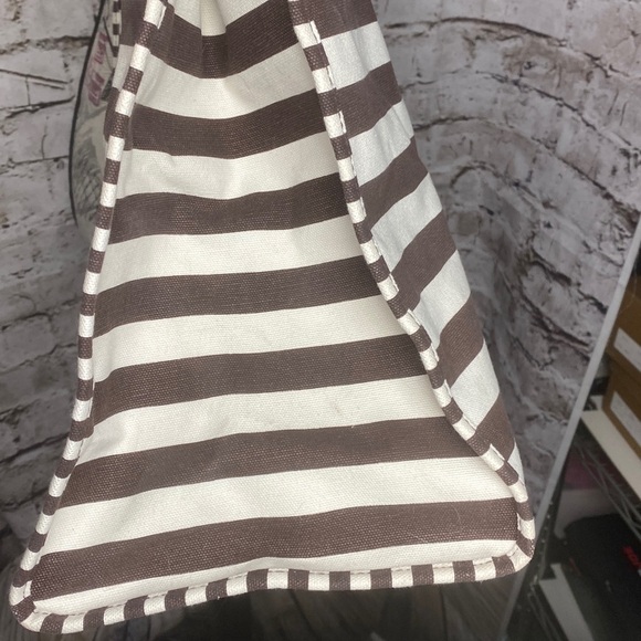 Henri Bendel Striped Canvas Tote Bag Brown White Signature Large - Picture 7 of 15